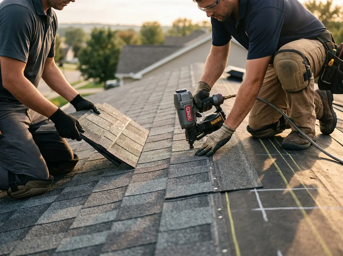 Professional roofer working on a residential roof in Fond du Lac